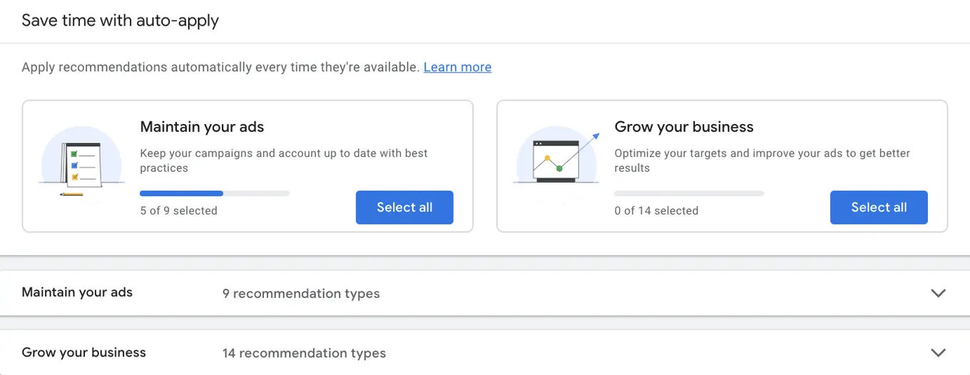Auto-apply recommendations screen in Google Ads