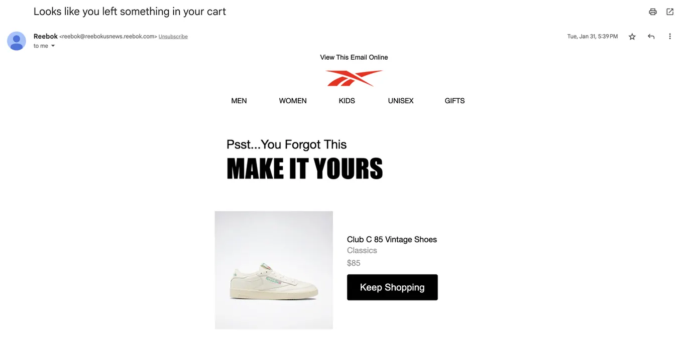 Example of abandoned cart emails from Reebok