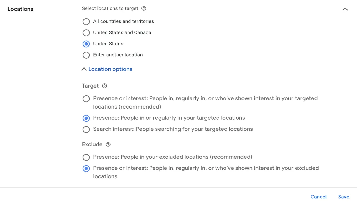 Locations targeting options in Google Ads